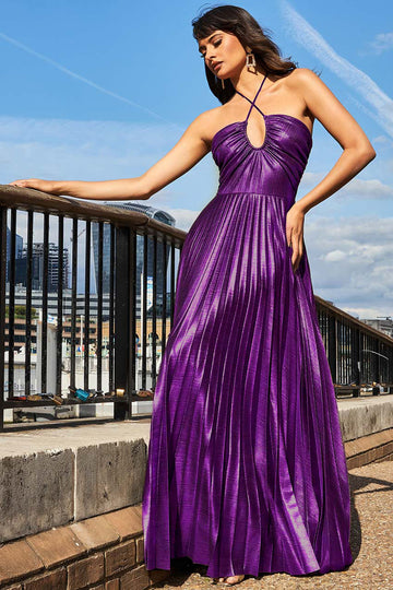 Goddiva Pleated Foil Tie Back Maxi Dress Goddiva